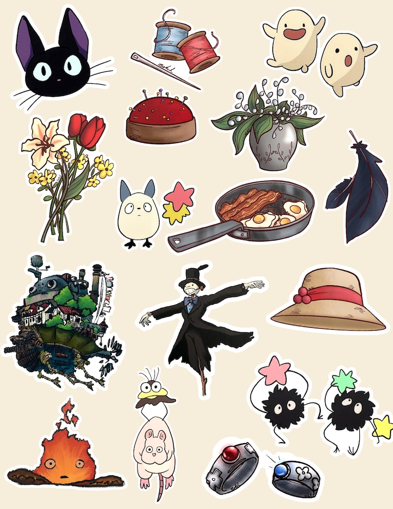 Op de afbeelding: Een verzameling ge&iuml;llustreerde stickers met een zwarte kattenkop, naaibenodigdheden, twee kleine bleke wezens, een boeket bloemen, een speldenkussen, een plant in een pot, een pan met spek en eieren, een veer, een kasteel, een vogelverschrikker, een hoed, een vuurgeest, een muis en twee ringen.