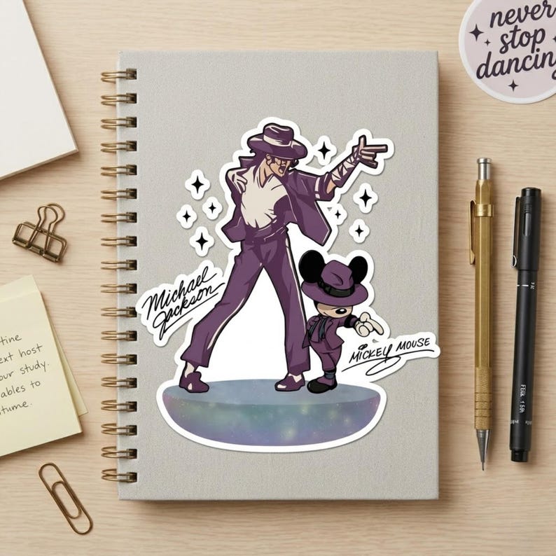 Pode incluir: Um autocolante com uma ilustra&ccedil;&atilde;o roxa de Michael Jackson e Mickey Mouse com roupas a condizer. O autocolante inclui o texto "Michael Jackson" e "Mickey Mouse". Um pequeno autocolante com o texto "never stop dancing" tamb&eacute;m &eacute; vis&iacute;vel.