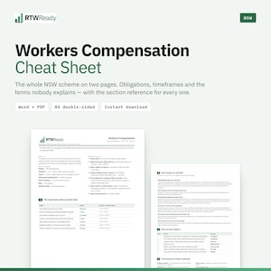 May include: A digital document titled Workers Compensation Cheat Sheet for NSW, featuring two pages of text, tables, and checklists. The document includes sections on obligations, timeframes, and terminology, with the RTWReady logo at the top.