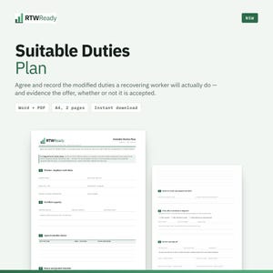 Könnte beinhalten: Eine digitale Vorlage mit dem Titel Suitable Duties Plan und dem RTWReady-Logo. Das Dokument enthält Abschnitte für Arbeitnehmer- und Arbeitgeberdaten, zertifizierte Kapazität und vereinbarte Aufgaben. Verfügbar als Word- und PDF-Datei im A4-Format.