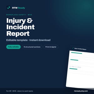 Workplace Injury Incident Report Form | Editable WHS HR Template (Digital Download)