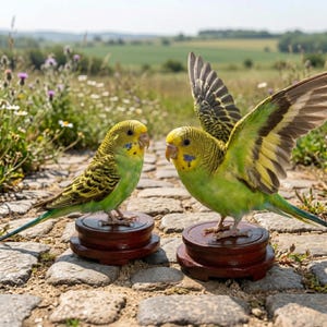 May include: Two green and yellow parakeets perched on small, round, wooden stands. One bird has its wings spread. The parakeets have blue markings on their cheeks and are set against a blurred outdoor background of greenery and stone.