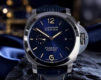 Panerai Luminor Marina Blue Dial | Automatic Mens Watch | Luxury Blue Leather Strap Watch | Premium Designer Timepiece | Swiss Watch Gift