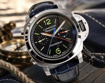 Panerai Luminor Regatta-horloge | Luxe horloge met zwarte wijzerplaat | Vintage leren band heren | Premium herenchronograaf | Hoogwaardig polshorloge cadeau