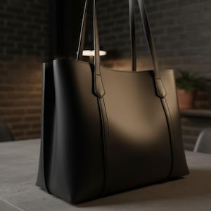 May include: A black tote bag with long handles, placed on a grey surface. The bag has a rectangular shape with a structured design and vertical seams. The background includes a brick wall and a potted plant.