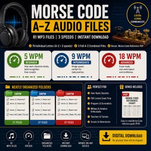 May include: Digital download of Morse code audio files for learning and practice. Includes 81 MP3 files at 3 speeds, from beginner to advanced. Features neatly organized folders and a Morse code reference chart. Perfect for Ham radio students and exam prep.