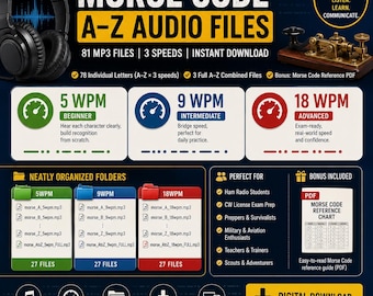 Fichiers audio de code Morse de A à Z | Exercices de morse à 5, 9 et 18 mots par minute (téléchargement numérique MP3)