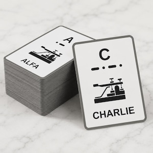 Pode incluir: Um baralho de cartas retangulares brancas com bordas cinzas. A carta do topo mostra a letra C, pontos e traços de código Morse, uma silhueta preta de um manipulador de telégrafo e a palavra CHARLIE. A carta de baixo mostra A e ALFA.