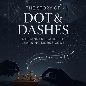 Op de afbeelding: Een boekomslag getiteld The Story of Dot & Dashes: A Beginner's Guide to Learning Morse Code door Waleed Akram. De donkerblauwe illustratie toont een koperen telegraafsleutel, handen die het apparaat bedienen en lichtgevende morsecodes.