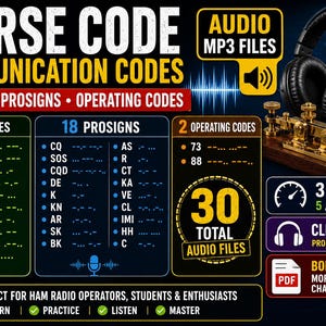 Puede incluir: Gráfico educativo con códigos de comunicación Morse, incluyendo códigos Q, prosigns y códigos de operación. Presenta 30 archivos de audio, 3 velocidades y un PDF de tabla de referencia Morse. Incluye una llave telegráfica y auriculares.