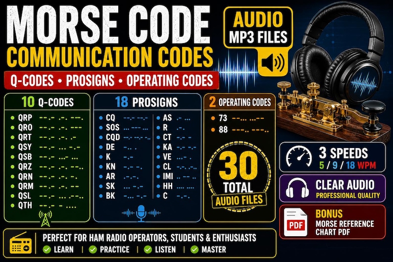 Pu&ograve; includere: Grafico educativo con codici di comunicazione Morse, inclusi codici Q, prosigns e codici operativi. Presenta 30 file audio, 3 velocit&agrave; e un PDF della tabella di riferimento Morse. Include un tasto telegrafico e cuffie.