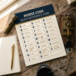 Op de afbeelding: Een Morsecode-referentiekaart gedrukt op cr&egrave;mekleurig papier met een donkerblauwe koptekst. De kaart toont de letters A tot en met Z gekoppeld aan hun bijbehorende punt- en streepreeksen. Het wordt omringd door een koperen zaklamp, een telegraafsleutel, een pen, een notitieboek, een bril en een donkere mok.