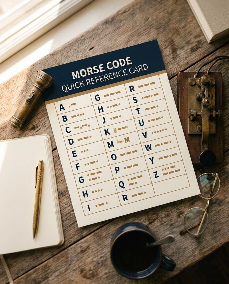 Op de afbeelding: Een Morsecode-referentiekaart gedrukt op cr&egrave;mekleurig papier met een donkerblauwe koptekst. De kaart toont de letters A tot en met Z gekoppeld aan hun bijbehorende punt- en streepreeksen. Het wordt omringd door een koperen zaklamp, een telegraafsleutel, een pen, een notitieboek, een bril en een donkere mok.