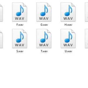May include: A collection of WAV audio files, each represented by a document icon with a blue musical note. The files are labeled alphabetically from A to Z, with an additional file labeled "Combine A-Z".