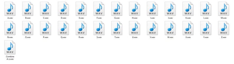May include: A collection of WAV audio files, each represented by a document icon with a blue musical note. The files are labeled alphabetically from A to Z, with an additional file labeled "Combine A-Z".