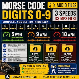 May include: A digital download graphic for Morse code training. The image features the text "Morse Code Digits 0-9" and details on audio files, speeds, and practice methods. Includes 33 MP3 files at 5, 9, and 18 WPM. Also includes a Morse code digits reference PDF.