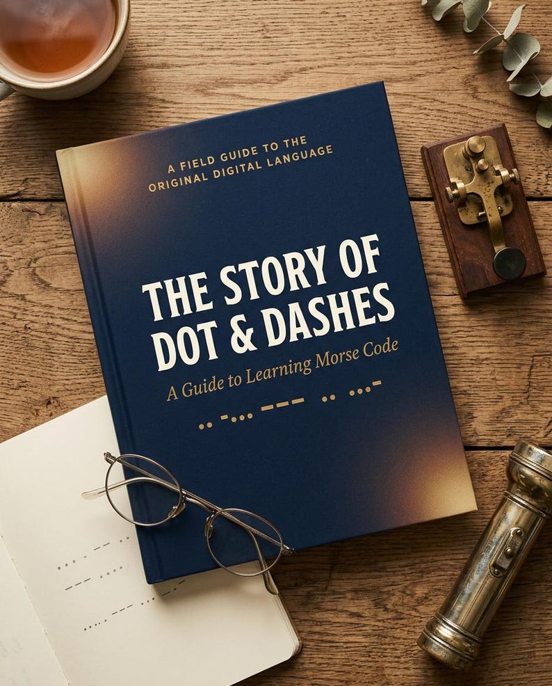 Op de afbeelding: Een donkerblauw hardcover boek getiteld The Story of Dot & Dashes: A Guide to Learning Morse Code, met gouden tekst en een morsecode-reeks. Het boek wordt vergezeld door een dunne bril, een vintage telegraafsleutel en een metalen zaklamp.
