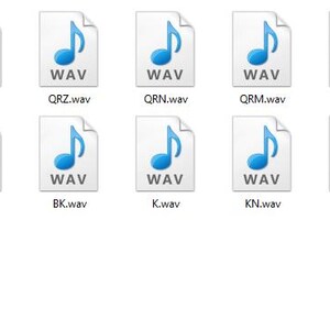 Pu&ograve; includere: Una raccolta di file audio WAV, ciascuno rappresentato da un'icona di documento bianca con un simbolo di nota musicale blu. I nomi dei file sono visibili, inclusi acronimi come QRP, GRO e C.