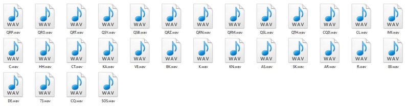 Pu&ograve; includere: Una raccolta di file audio WAV, ciascuno rappresentato da un'icona di documento bianca con un simbolo di nota musicale blu. I nomi dei file sono visibili, inclusi acronimi come QRP, GRO e C.