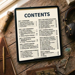 Op de afbeelding: Een tabletscherm met een inhoudsopgave voor een gids over morsecode. De tekst bevat twaalf delen over fundamenten, kernprincipes, referentiesystemen, leren, communicatietechnieken, toepassingen en geavanceerde inzichten.