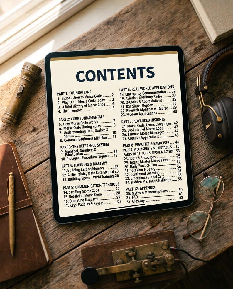 Op de afbeelding: Een tabletscherm met een inhoudsopgave voor een gids over morsecode. De tekst bevat twaalf delen over fundamenten, kernprincipes, referentiesystemen, leren, communicatietechnieken, toepassingen en geavanceerde inzichten.