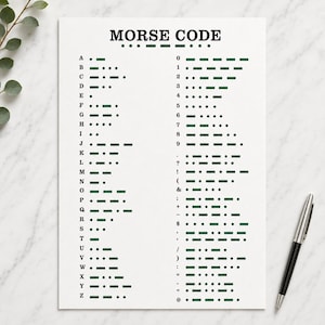 May include: A white sheet of paper with the title "MORSE CODE" in bold black letters. The sheet displays the Morse code for letters, numbers, and symbols using green dots and dashes. A black and silver pen rests on the right side of the paper.