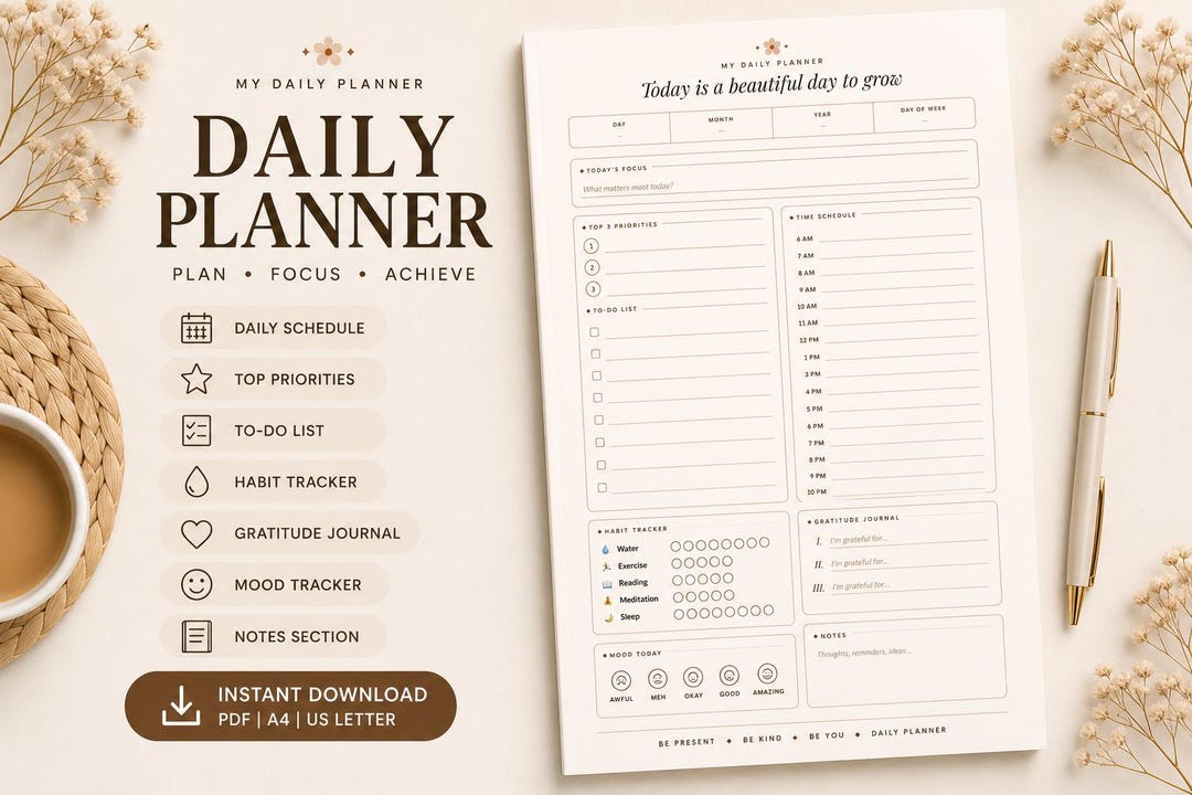 Minimalist Daily Planner Printable | Hourly Schedule, Habit Tracker ...