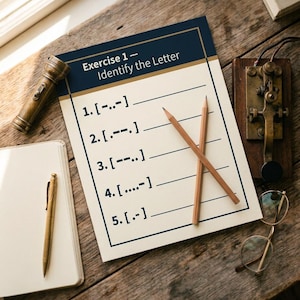 Op de afbeelding: Een rechthoekig vel papier met de titel Exercise 1 - Identify the Letter, voorzien van vijf genummerde regels met morsecode-reeksen tussen haakjes. Twee houten potloden liggen gekruist over de lijnen. Het papier heeft een donkerblauwe kop.