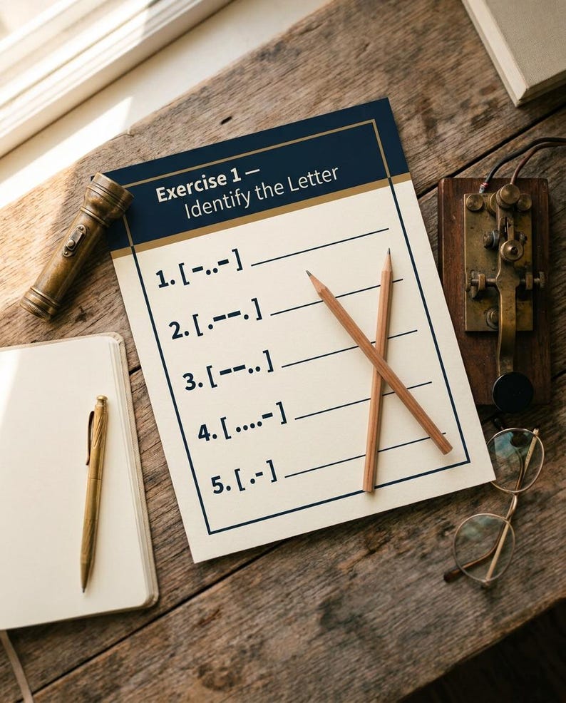 Op de afbeelding: Een rechthoekig vel papier met de titel Exercise 1 - Identify the Letter, voorzien van vijf genummerde regels met morsecode-reeksen tussen haakjes. Twee houten potloden liggen gekruist over de lijnen. Het papier heeft een donkerblauwe kop.