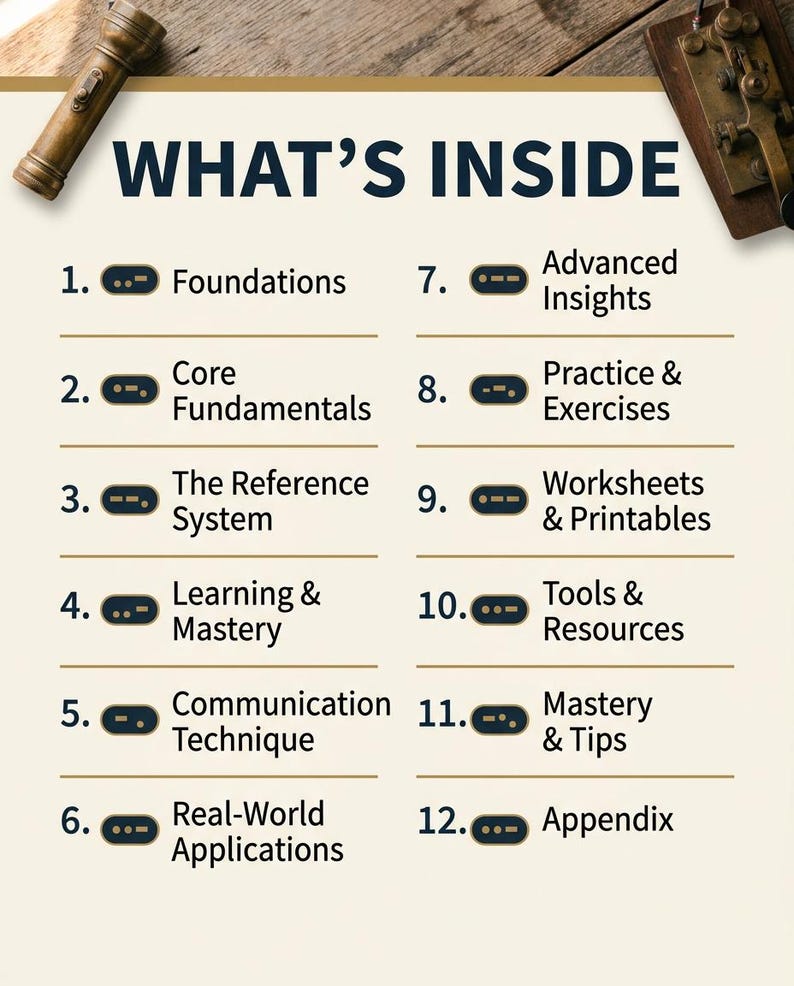 Op de afbeelding: Een cr&egrave;mekleurig informatieoverzicht met de titel WHAT'S INSIDE en een lijst van twaalf genummerde secties, waaronder Foundations, Core Fundamentals, The Reference System, Learning & Mastery, Communication Technique, Real-World Applications, Advanced Insights, Practice & Exercises, Worksheets & Printables, Tools & Resources, Mastery & Tips en Appendix, elk gemarkeerd met een klein donker icoon.