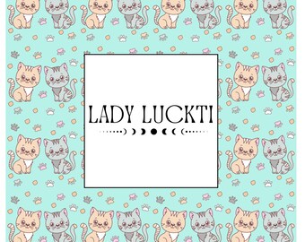 May include: A light blue background with a white square in the center. The square has the text "LADY LUCKTI" in black. The background is filled with a repeating pattern of gray, pink, and orange cartoon cats with paw prints.