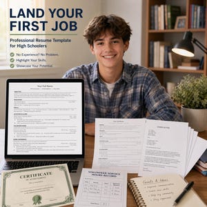 Op de afbeelding: Een jonge man glimlacht aan een bureau met een laptop en documenten. De tekst "LAND YOUR FIRST JOB" staat bovenaan, met "Professional Resume Template for High Schoolers" eronder. Documenten zijn onder meer een cv, een sollicitatiebrief en een certificaat.