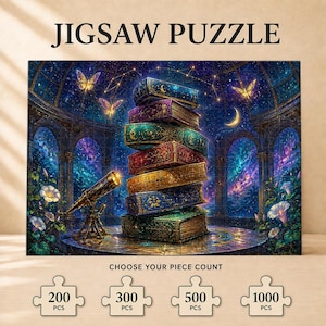 May include: A jigsaw puzzle featuring a stack of ornate, colorful books on a circular platform. A telescope stands beside the books, set against a backdrop of a starry night sky, glowing butterflies, and arched stone architecture. Text reads JIGSAW PUZZLE.