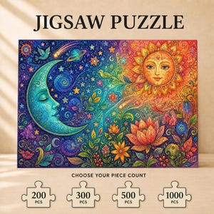 May include: A jigsaw puzzle featuring a celestial design with a blue crescent moon on the left and a golden sun on the right, surrounded by stars, planets, and colorful flowers. The text JIGSAW PUZZLE and CHOOSE YOUR PIECE COUNT is visible.