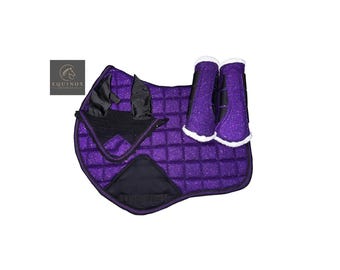 Lila Glitzer Schabracke mit Fliegenschleier & Putzschuhe | Funkelndes Reiter-Matching-Set