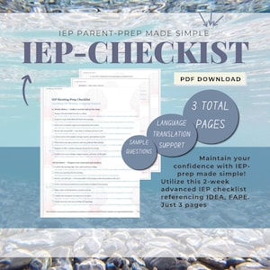 Może przedstawiać: Trzystronicowy plik PDF do pobrania IEP Meeting Prep Checklist z tekstem IEP PARENT-PREP MADE SIMPLE, IEP-CHECKLIST, 3 TOTAL PAGES, LANGUAGE TRANSLATION SUPPORT oraz SAMPLE QUESTIONS, na tle wody przepływającej nad kamieniami.