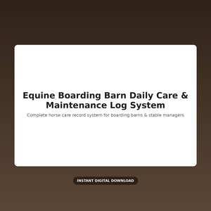 Puede incluir: Un documento digital rectangular blanco que presenta el texto negro Equine Boarding Barn Daily Care & Maintenance Log System y el subtítulo Complete horse care record system for boarding barns & stable managers, con un botón debajo.