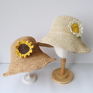 Sunflower Handmade Straw Hat,Foldable Packable Custom Boho Beach Summer Sun Bucket Women