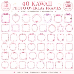 May include: A digital collection of 40 pink photo overlay frames in PNG format, featuring various shapes including hearts, circles, squares, and stars. Each frame is decorated with small bows, pearls, and sparkles, presented in a grid layout.