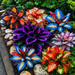 May include: A vibrant garden bed featuring a variety of colorful plants. The plants display a range of hues, including orange, blue, red, purple, and white. The leaves have intricate patterns and textures, creating a visually appealing display. The plants are surrounded by rocks and greenery.