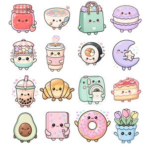 Op de afbeelding: Een verzameling van zestien illustraties in kawaii-stijl met antropomorfe objecten, waaronder een jampot, ontbijtkom, boodschappentas, macaron, ijskraam, koffiebeker, sushi, halve maan, boba-thee, croissant, camera, taartpunt, avocado, notitieboek, donut en tulpen.