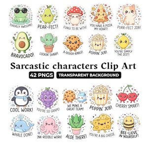 Pode incluir: Uma coleção de adesivos de personagens de desenhos animados com comida, animais e plantas com trocadilhos. O texto inclui TOADALLY AWESOME, PEAR-FECT, FUNGI TO BE WITH, YOU HAVE A PIZZA MY HEART, PURR-FECT JOB, BRAVOCADO, LOOKIN SHARP, A-DOUGH-RABLE, POPPIN JOB, YOU ARE SIMPLY THE ZEST.