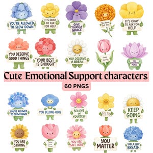 Op de afbeelding: Een verzameling bloemfiguren in aquarel-stijl met lachende gezichten, elk met een bordje met positieve affirmaties zoals You're Allowed to Slow Down, It's Okay to Ask for Help, Give Yourself Grace, You Matter en Keep Going.