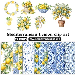 May include: A collection of Mediterranean lemon clip art featuring a wreath, lemons in a sack, a bowl of lemons, a lemon tree in a pot, a glass of lemonade, lemon branches, and various blue and white tile patterns with lemon motifs.
