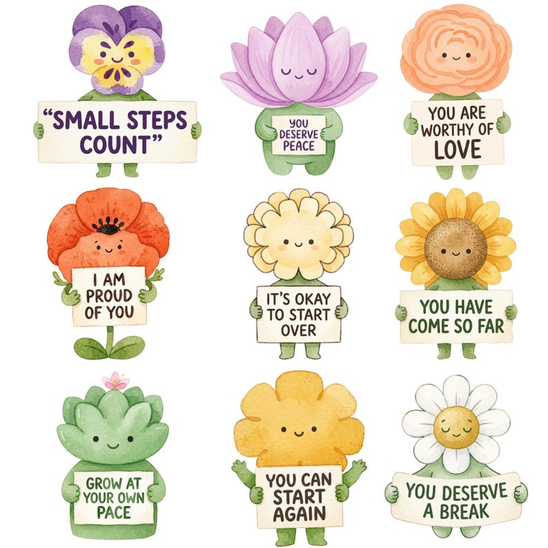 Op de afbeelding: Een verzameling van negen aquarelillustraties met antropomorfe bloemen en planten, elk met een bordje met positieve affirmaties zoals Small Steps Count, You Deserve Peace, You Are Worthy of Love, I Am Proud of You, It's Okay to Start Over, You Have Come So Far, Grow at Your Own Pace, You Can Start Again en You Deserve a Break.
