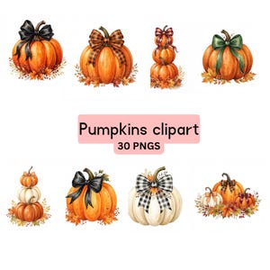 Plaid Pumpkin Clipart PNG, 30 Watercolor Fall Bundle, Buffalo Plaid Bow Autumn Clipart, Commercial Use
