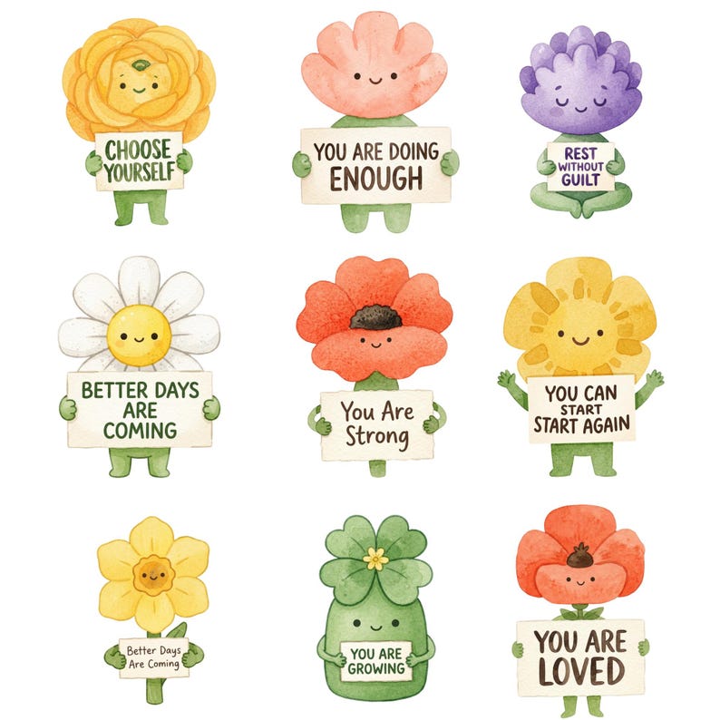 Op de afbeelding: Een verzameling van negen bloemfiguren in aquarel-stijl met groene stengels en armen, elk met een wit bordje met tekst: CHOOSE YOURSELF, YOU ARE DOING ENOUGH, REST WITHOUT GUILT, BETTER DAYS ARE COMING, You Are Strong, YOU CAN START START AGAIN, Better Days Are Coming, YOU ARE GROWING, en YOU ARE LOVED.