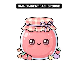 Op de afbeelding: Een ronde glazen pot gevuld met roze jam, met een lachend gezicht met grote ogen en roze wangen. Het deksel heeft een roze en wit geblokte stoffen hoes vastgebonden met een paarse strik. Kleine aardbeien en pastelkleurige hartjes omringen de basis.