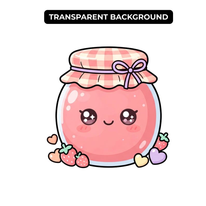 Op de afbeelding: Een ronde glazen pot gevuld met roze jam, met een lachend gezicht met grote ogen en roze wangen. Het deksel heeft een roze en wit geblokte stoffen hoes vastgebonden met een paarse strik. Kleine aardbeien en pastelkleurige hartjes omringen de basis.