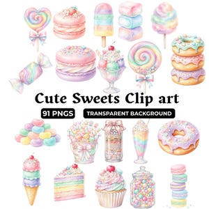Op de afbeelding: Een verzameling aquarelillustraties met pastelkleurige snoepjes, waaronder hartvormige lolly's, macarons, ijsjes, marshmallows, suikerspinnen, donuts, snoeppotten en taartpunten met de tekst Cute Sweets Clip art 91 PNGS TRANSPARENT BACKGROUND.